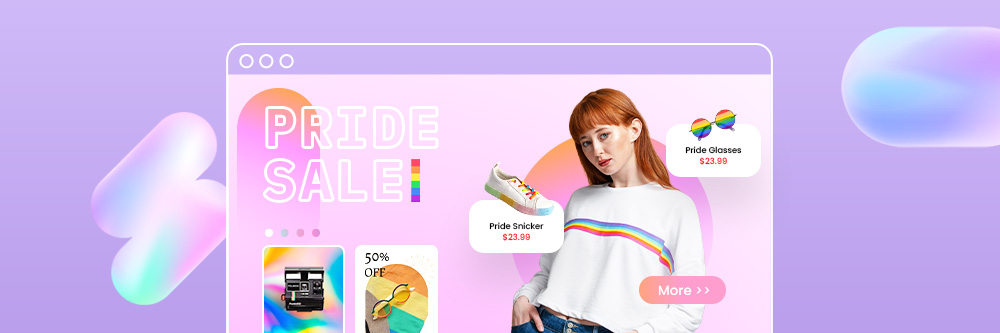 website mockup with product photo and images created by Promeo to for Pride Month